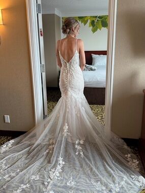 Stella York Ivory Lace Mermaid Wedding Dress with Long Tulle Train